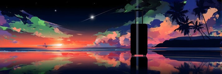The Journey's End: A tranquil ocean scene at dusk, showcasing the silhouette of luggage reflecting on the calm water, a testament to exploration and the allure of travel. 