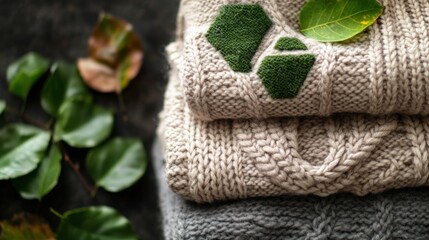 Stacked knitted sweaters with autumn leaves