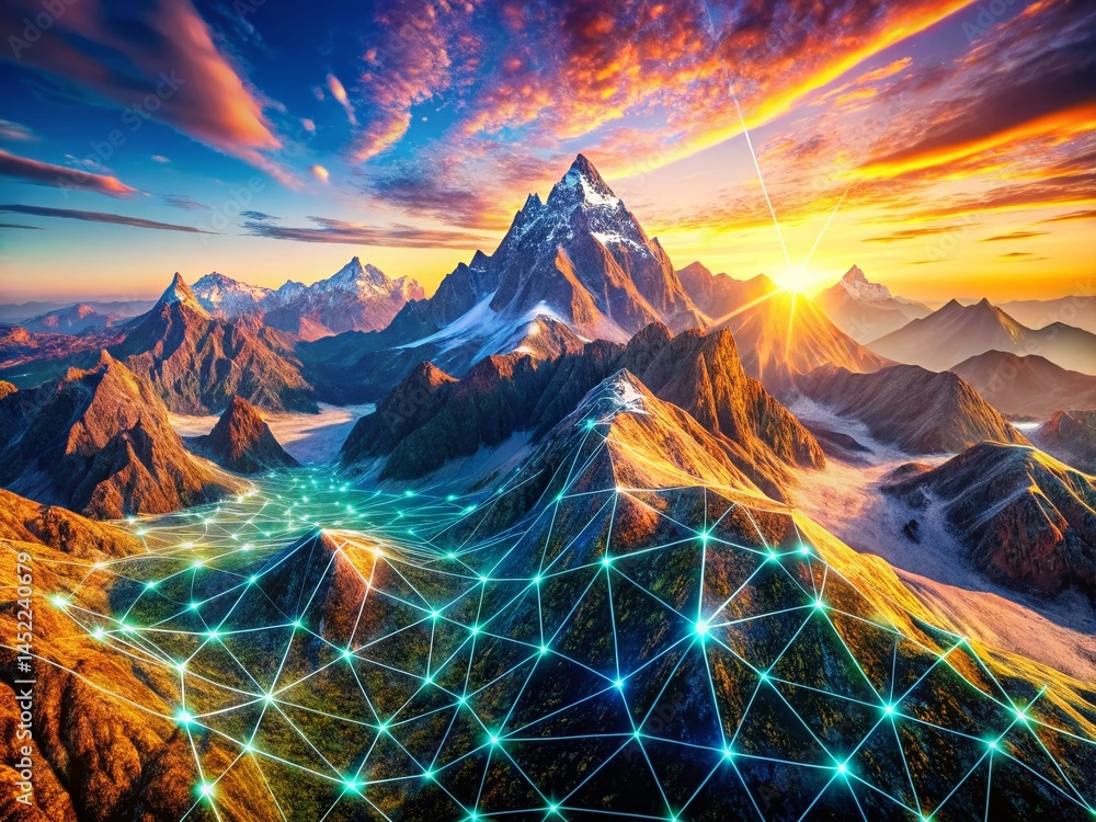 Poster aerial view of mountain terrain with mesh network simulation overlay - drone photography