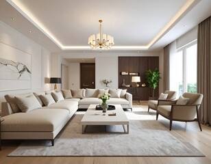 Fototapeta premium Elegant Modern Living Room Interior Design: Beige Sectional Sofa, Chandelier, and Wooden Accents