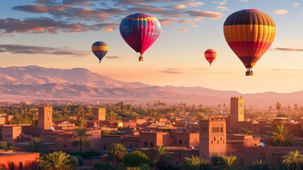 In Marrakech, Morocco, hot air balloons float above the desert as the sun comes up on April 23, 2025. It's a calm and free experience with amazing views of nature.
