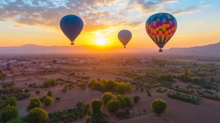 Obraz premium In Morocco, hot air balloons float over the desert near Marrakech as the sun comes up on April 23, 2025. It's a calm and beautiful view of nature and open space. 