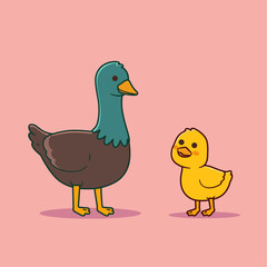 Vector illustration of cute duck and duckling in cartoon style.