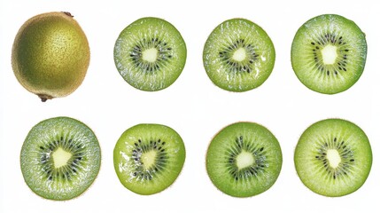Fototapeta premium Kiwi fruit, whole and sliced, are shown against a white background. 
