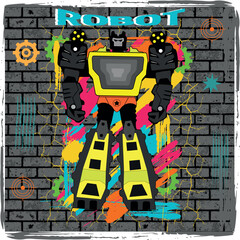 Cartoon robot in yellow and black standing against a textured brick wall with spray paint, cracks, gears and graffiti strokes. Bold and playful urban sci-fi design for boys and kids fashion.