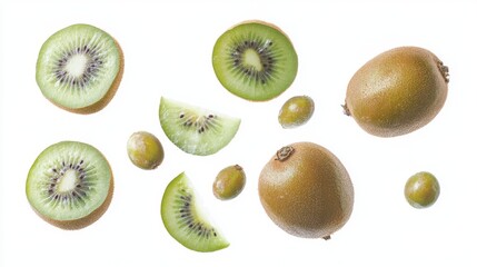 Fototapeta premium Kiwi fruit, whole and sliced, are shown against a white background. 