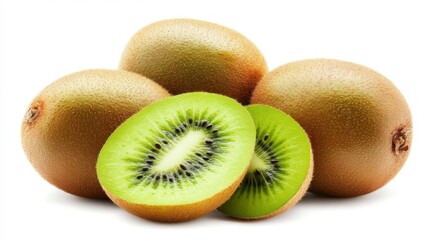 Fototapeta premium Kiwi fruit, whole and sliced, are shown against a white background. 