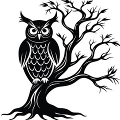 Black and White Owl Silhouette on Tree Branch Vector Halloween Graphic