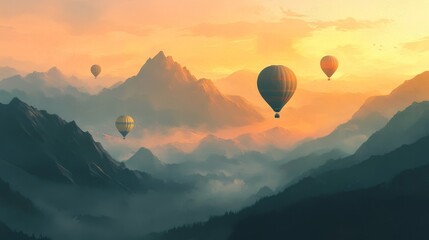 Fototapeta premium Mountains with colorful hot air balloons during sunrise. The balloons fly over the mountains in the morning light. 