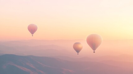 Fototapeta premium Mountains with colorful hot air balloons during sunrise. The balloons fly over the mountains in the morning light. 
