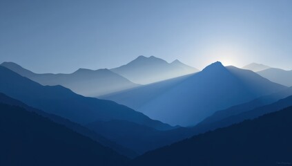 Fototapeta premium Capture the Mountains, Layered Peaks, Peaceful Sunrise, Blue Hues, Scenic Vista, and Serene Morning Scene.