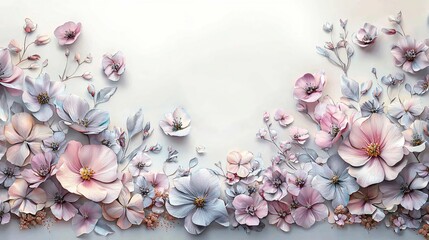 Elegant Pastel Pink and Grey Floral Arrangement, Delicate 3D Flower Design, Romantic Spring Blossom Wallpaper, Artistic Botanical Illustration, Soft Hues, Nature Inspired Background for Wedding,