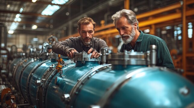 Two engineers inspecting a large industrial tank in a factory setting, focused on maintenance