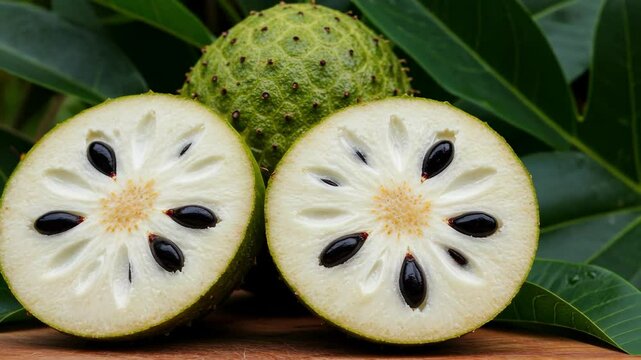 Fresh soursop fruit, sliced, on wooden board