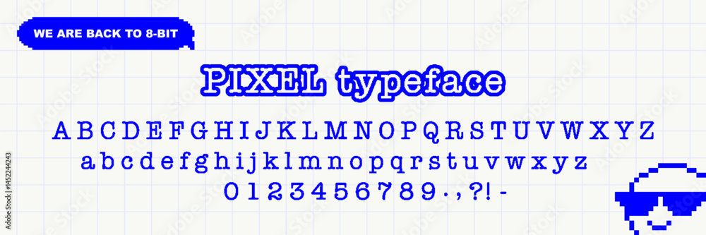 Poster pixel font set with retro 8-bit letters and numbers. vector typeface in trendy retro y2k game style.