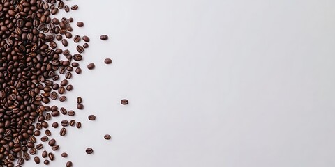 Coffee beans on a white background, top view. Banner with copy space for the design of a coffee shop menu or advertising a product