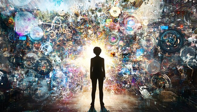 Abstract visual representation of a person facing a vast array of concepts.