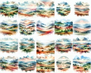 Rolling hills landscape. Double exposure watercolor . Watercolor style. AI generated illustration