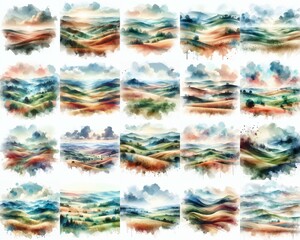 Rolling hills landscape. Double exposure watercolor . Watercolor style. AI generated illustration