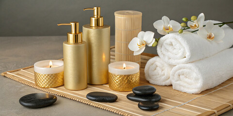 Luxury spa mockup with gold-foiled cosmetic containers, white towels, aromatic candles, orchid flowers, and smooth black stones arranged neatly on a bamboo mat.
