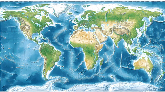 Detailed world map,  depicting landmasses,  oceans,  and  terrain relief.  Color-coded for elevation and depth