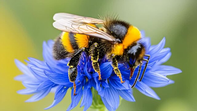 Vibrant bumblebee covered in pollen rests on bright blue flower, showcasing natures beauty and pollination process in close up.