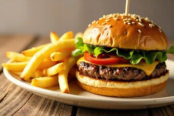 Close-up of french fries, burger, pizza slices on white , vegetables, studio shot, fast food