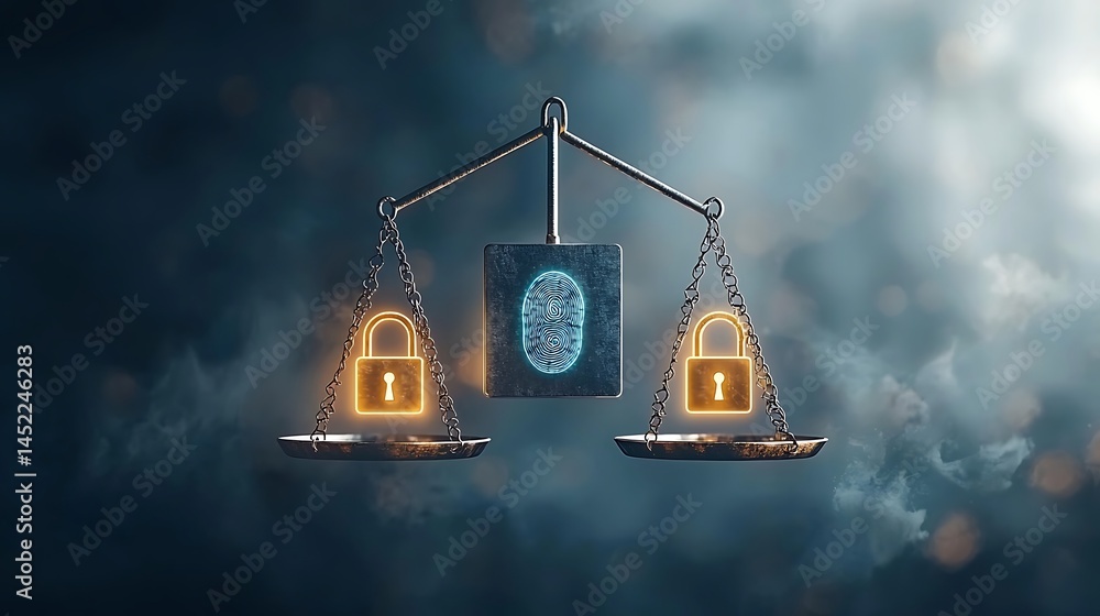 Poster digital security in balance. a digital fingerprint is weighed against two padlocks on a vintage scal