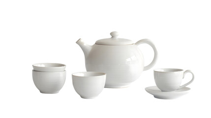 White teapot with three cups on a Transparent background studio shot