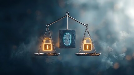 Digital security in balance.  A digital fingerprint is weighed against two padlocks on a vintage scale.  A balance between security and access