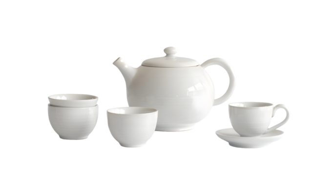 White teapot with three cups on a Transparent background studio shot