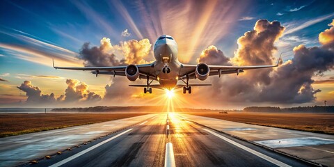 Airplane Taking Off: Front View Runway Departure, Dramatic Flight Scene