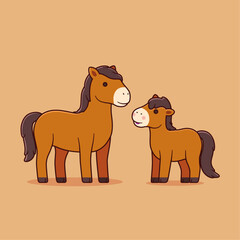 Obraz premium Vector illustration of cute horse and foal in cartoon style.