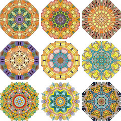 Set of colorful cute Mandalas. Decorative unusual round ornaments.