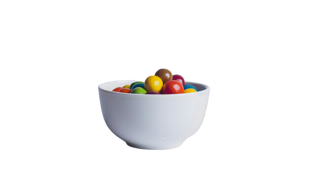 A white bowl filled with colorful candies on a Transparent background