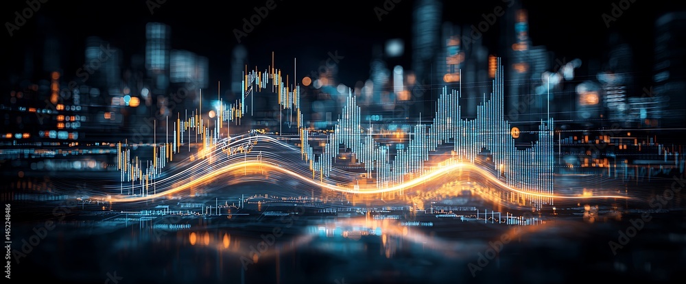 Poster dynamic financial data visualization over cityscape
