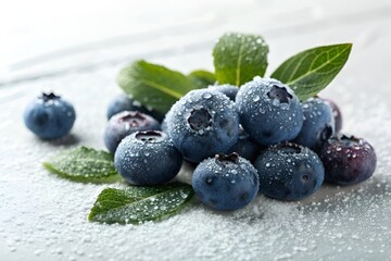 Fresh Blueberries on White Surface with Green Leaves &ndash; High-Detail Modern Food Photography