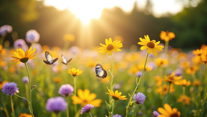 Obraz premium A beautiful field of wildflowers with butterflies in the golden sunlight.