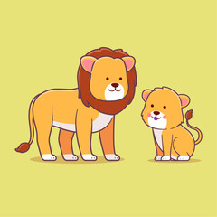 Vector illustration of cute lion and lion cub in cartoon style.