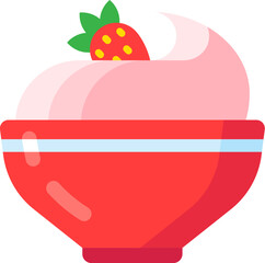 Creamy pink yogurt topped with a fresh strawberry and whipped cream, served in a stylish red bowl, representing a healthy and delicious breakfast or snack option