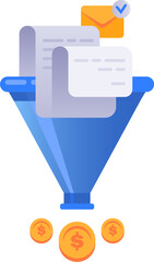 Email marketing and documents flowing into a sales funnel, generating revenue, boosting conversion rates, and enhancing lead generation for improved business success and financial growth