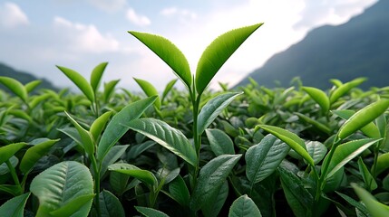 Obraz premium Lush Green Tea Plantation Sunrise with Mountain View.