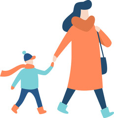 Mother and son are walking together holding hands, wearing winter clothes like coat, scarf, hat, and boots, representing family love and care during the cold season