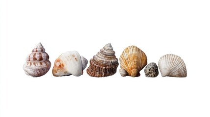 Various Shells in Different Shapes and Textures on White Background