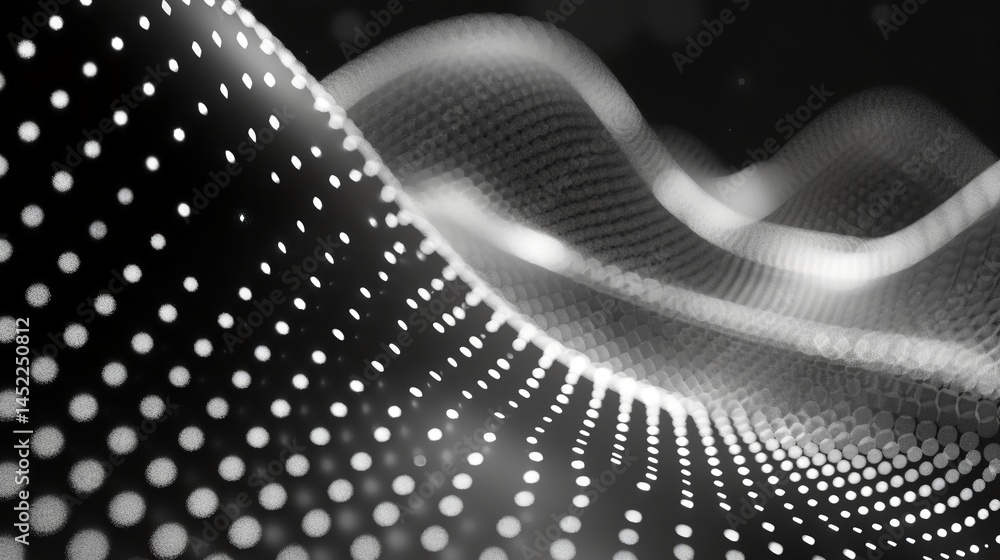 Poster a close-up of abstract wavy pattern of white dots on black background, ai generative.