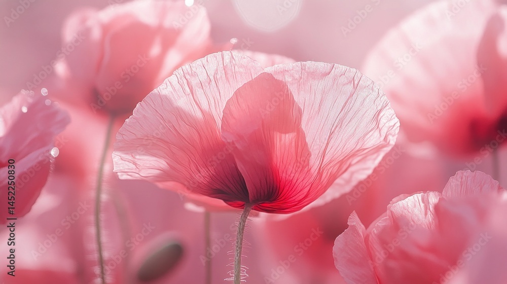 Poster lush pink poppy flowers sway gently in the breeze, showcasing intricate petals and tender stems. sun