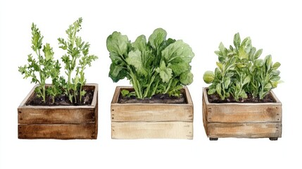 Fototapeta premium Fresh Green Plants in Wooden Planters Ideal for Home Gardens