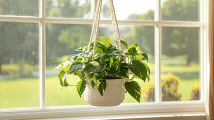 Fototapeta premium Hanging plant in a white pot by a window