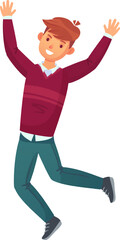 Happy young man wearing a sweater and trousers is jumping with arms raised celebrating success, happiness, joy, achievement, freedom, victory concept