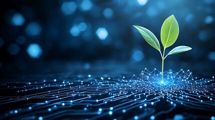 Plant sprout growing from illuminated base against abstract blue background